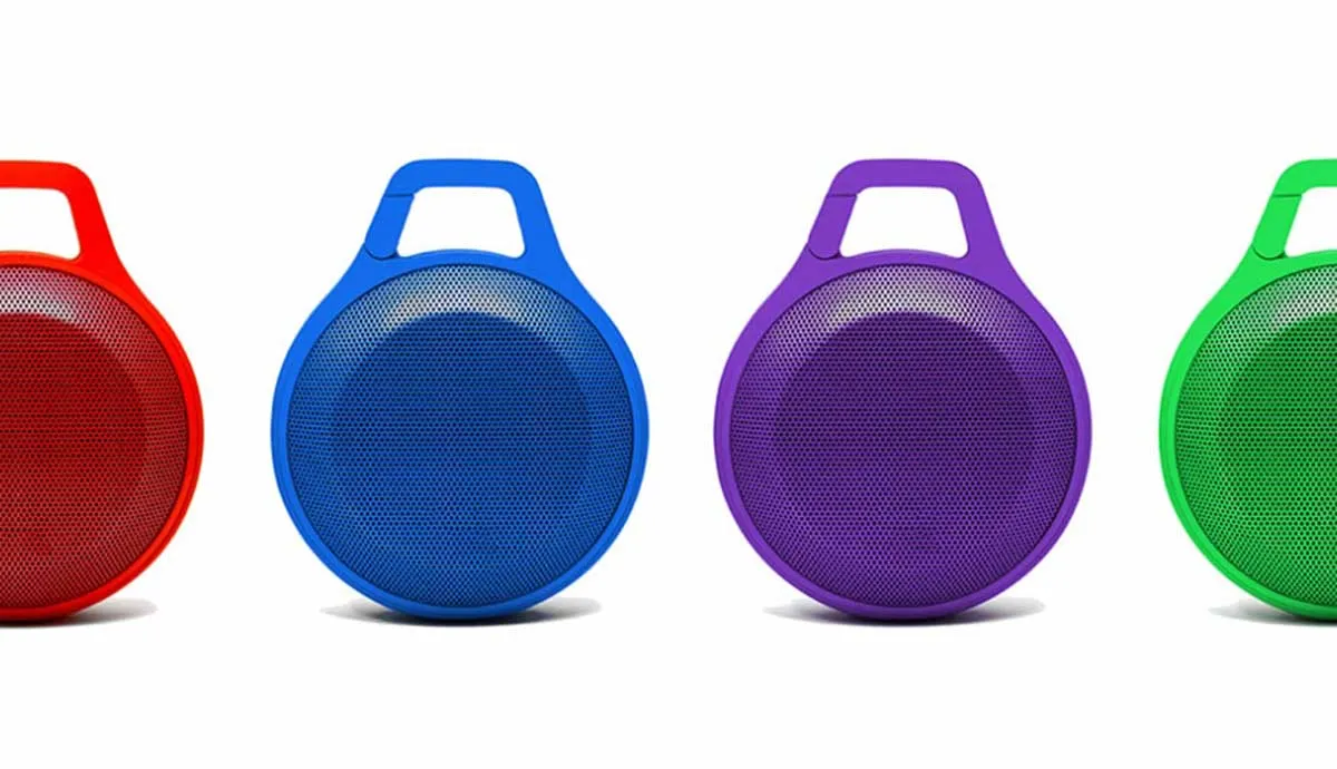 Colorful wireless speakers in a row
