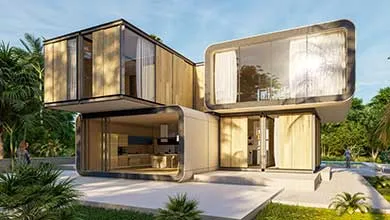 3D rendering of an stylish modern house with pool and garden